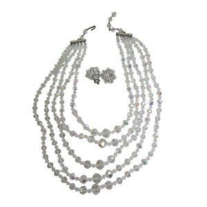 Vintage 60s Austrian Crystal Aurora Borealis Necklace Matching Clip Earrings